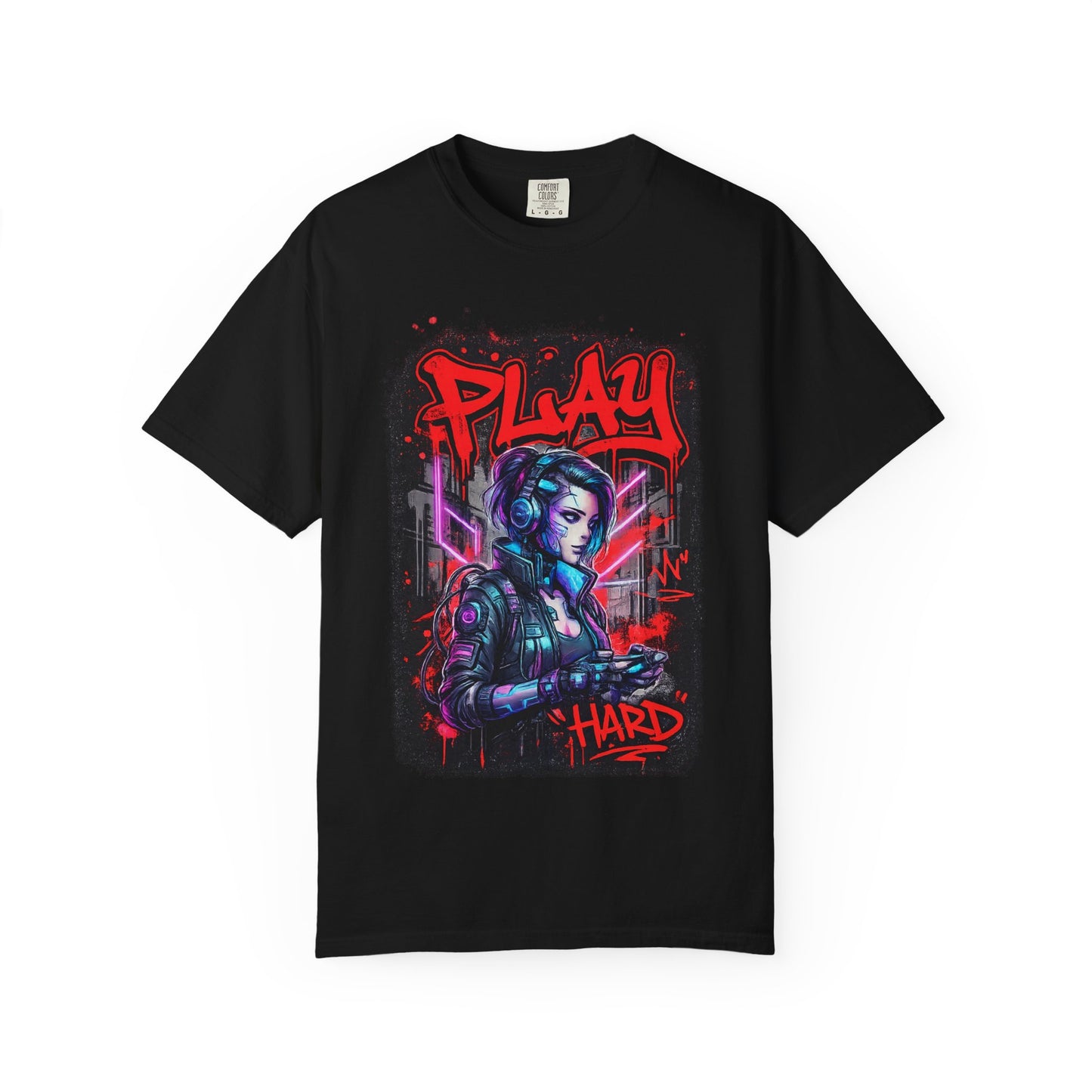 Play Hard Gamer T-Shirt — Neon Cyberpunk Video Game Tee