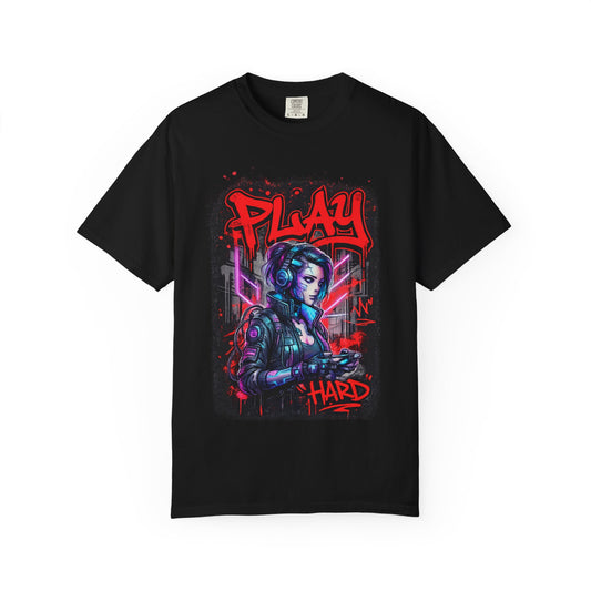 Play Hard Gamer T-Shirt — Neon Cyberpunk Video Game Tee