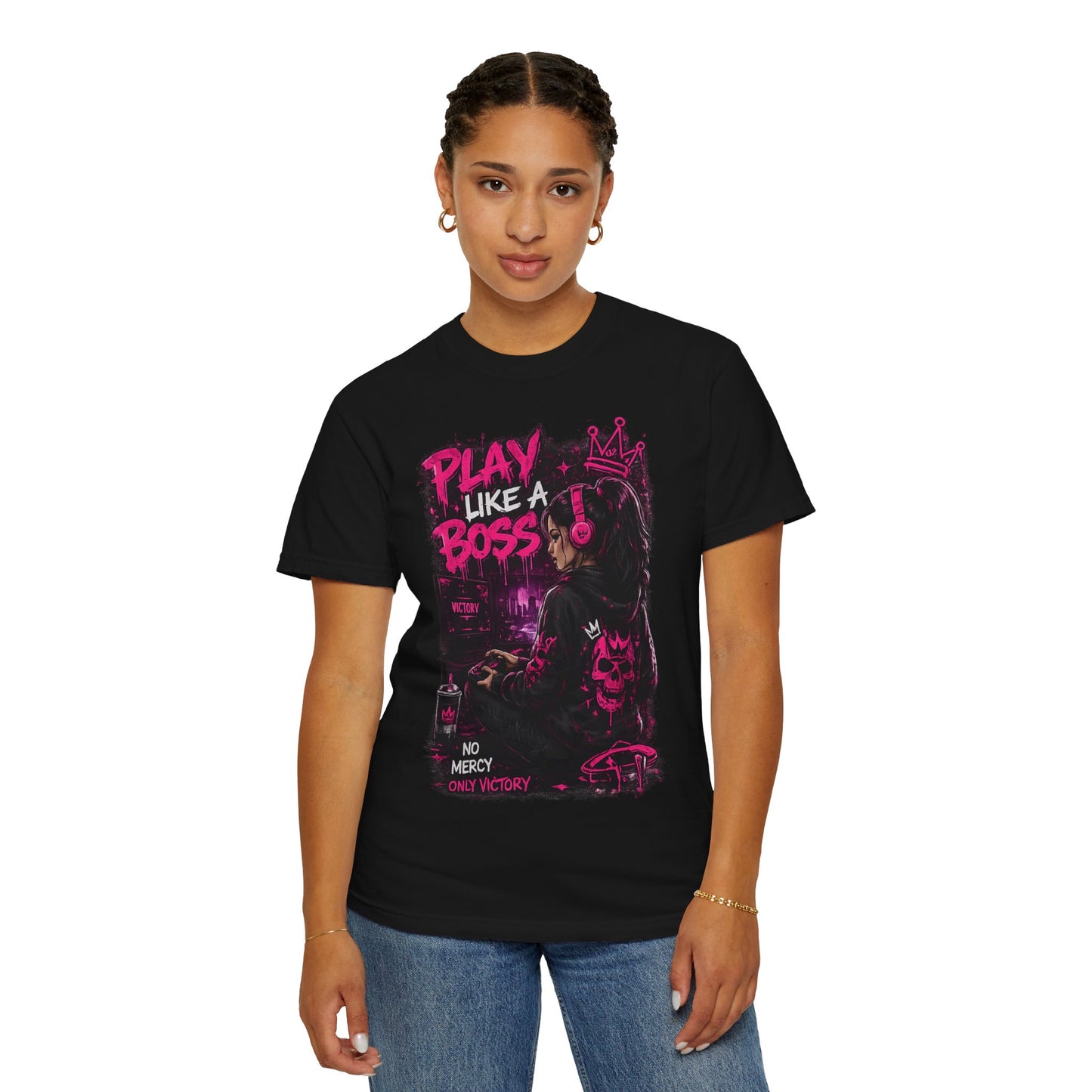 Play Like a Boss T-Shirt — Gamer Crown Graphic Tee ("No Mercy, Only Victory")