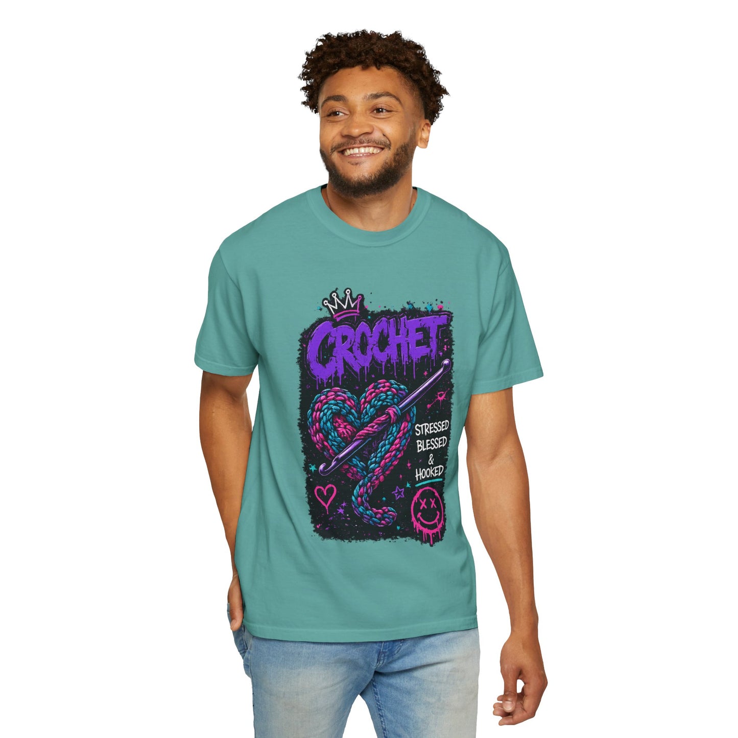 Crochet Graphic T-Shirt — "Stressed Blessed & Hooked" Retro Heart Design
