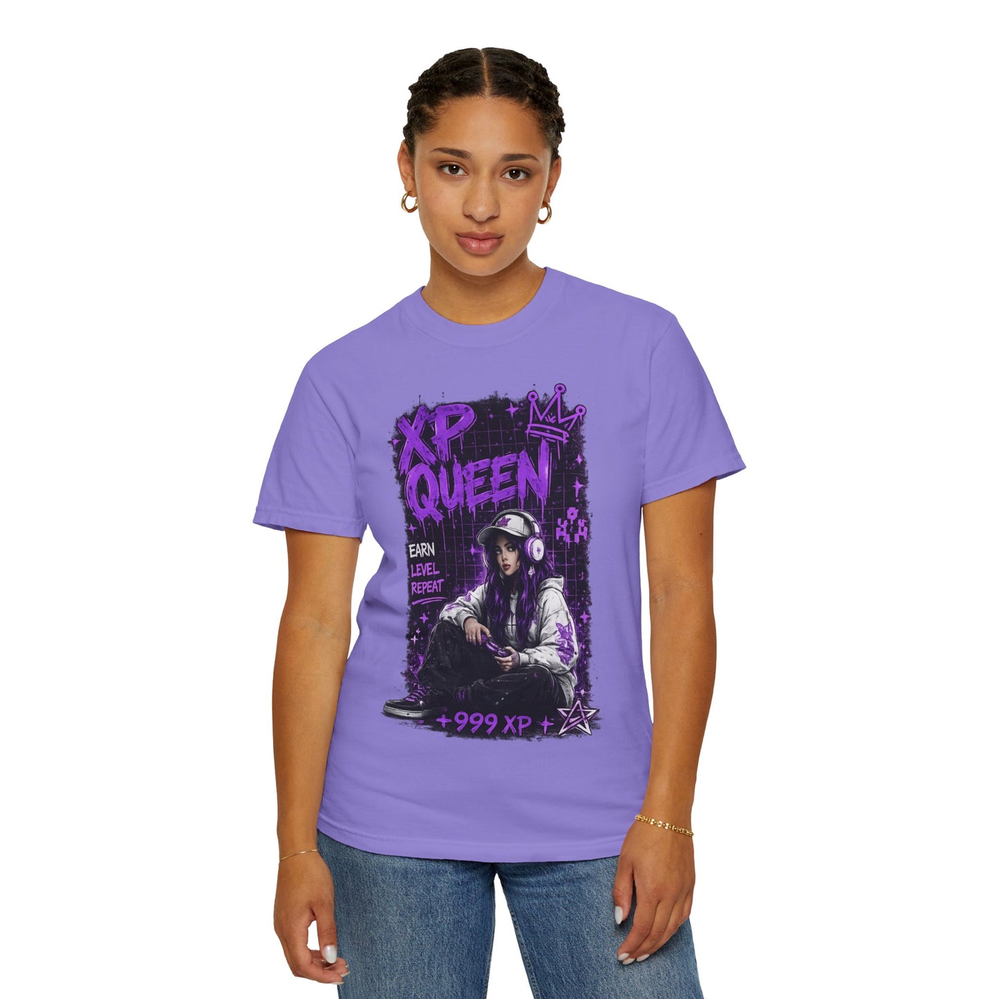 XP Queen T‑Shirt — Gamer Girl Graphic Tee (Earn Level Repeat +999 XP)