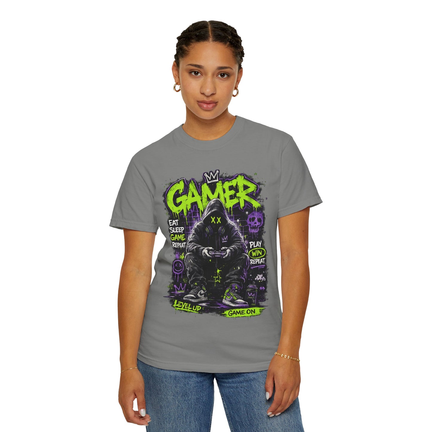 Gamer Hooded Figure Graphic T-Shirt | Neon Green Purple Streetwear