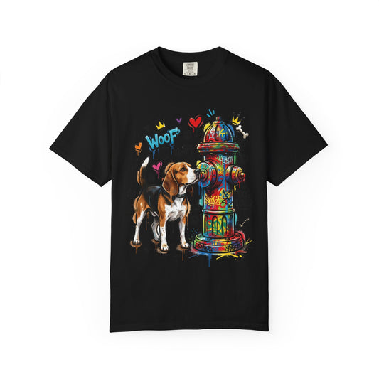 Beagle Dog Lover T-Shirt — Colorful Hydrant & 'Woof Sniff' Graphic