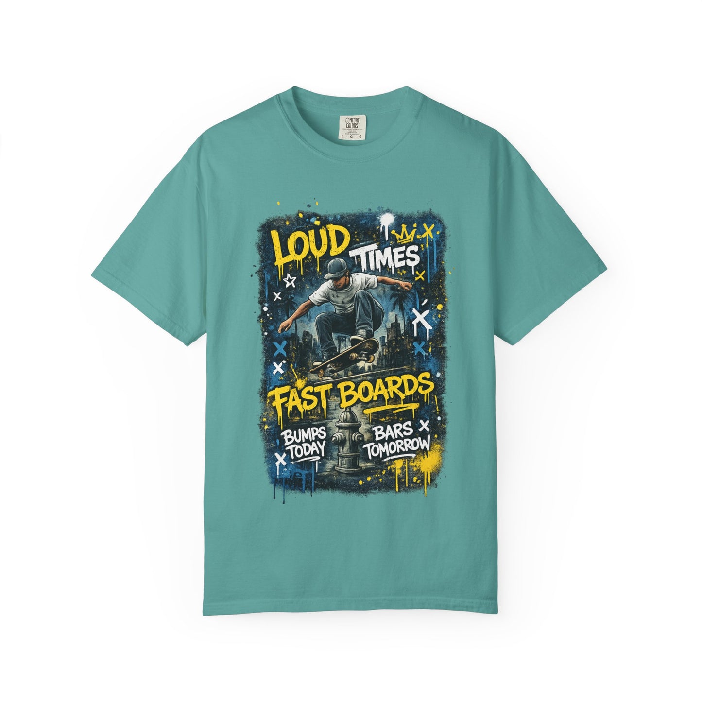 Skateboard Graphic T-Shirt — "Loud Times, Fast Boards" Vintage Skate Tee