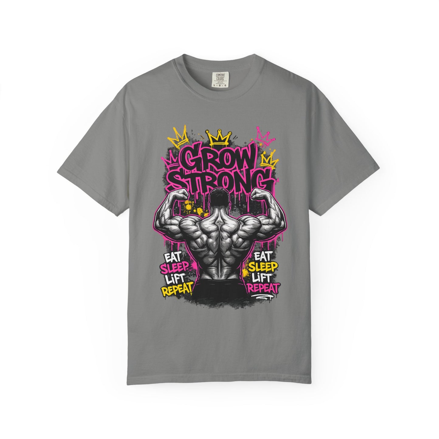 Grow Strong muscular back illustration T-shirt | Eat Sleep Lift Repeat gym tee