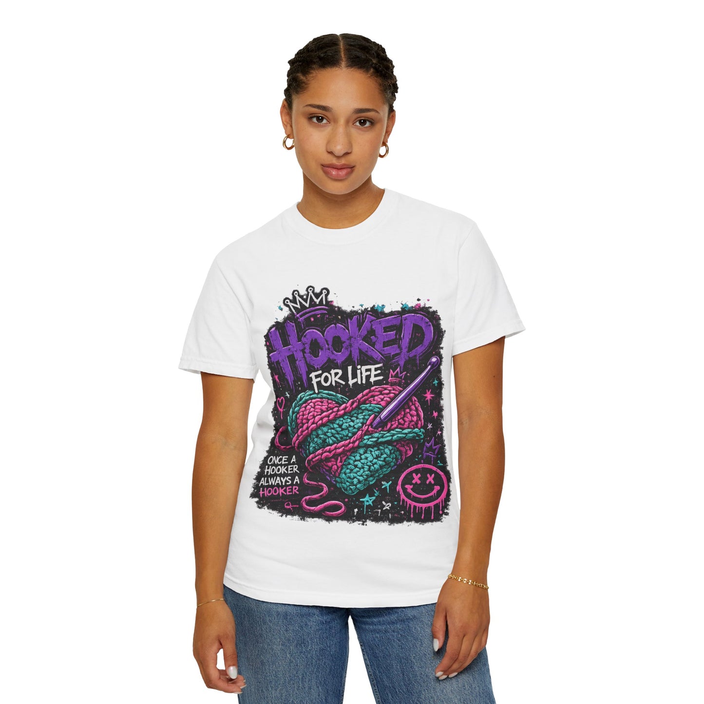 Hooked For Life Knitting T-Shirt — "Hooked for Life" Yarn & Crochet Graphic Tee