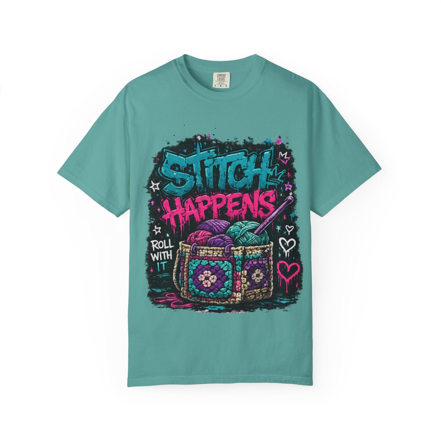Stitch Happens T‑Shirt — Funny Knitting Crochet Tee (Roll With It)