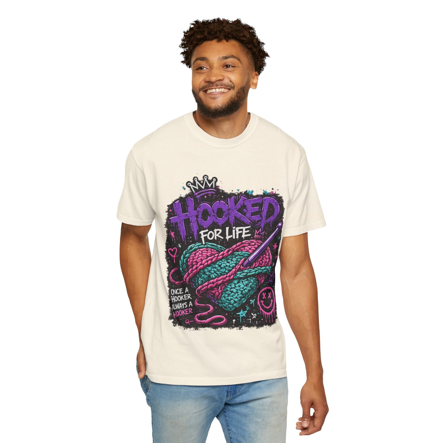 Hooked For Life Knitting T-Shirt — "Hooked for Life" Yarn & Crochet Graphic Tee
