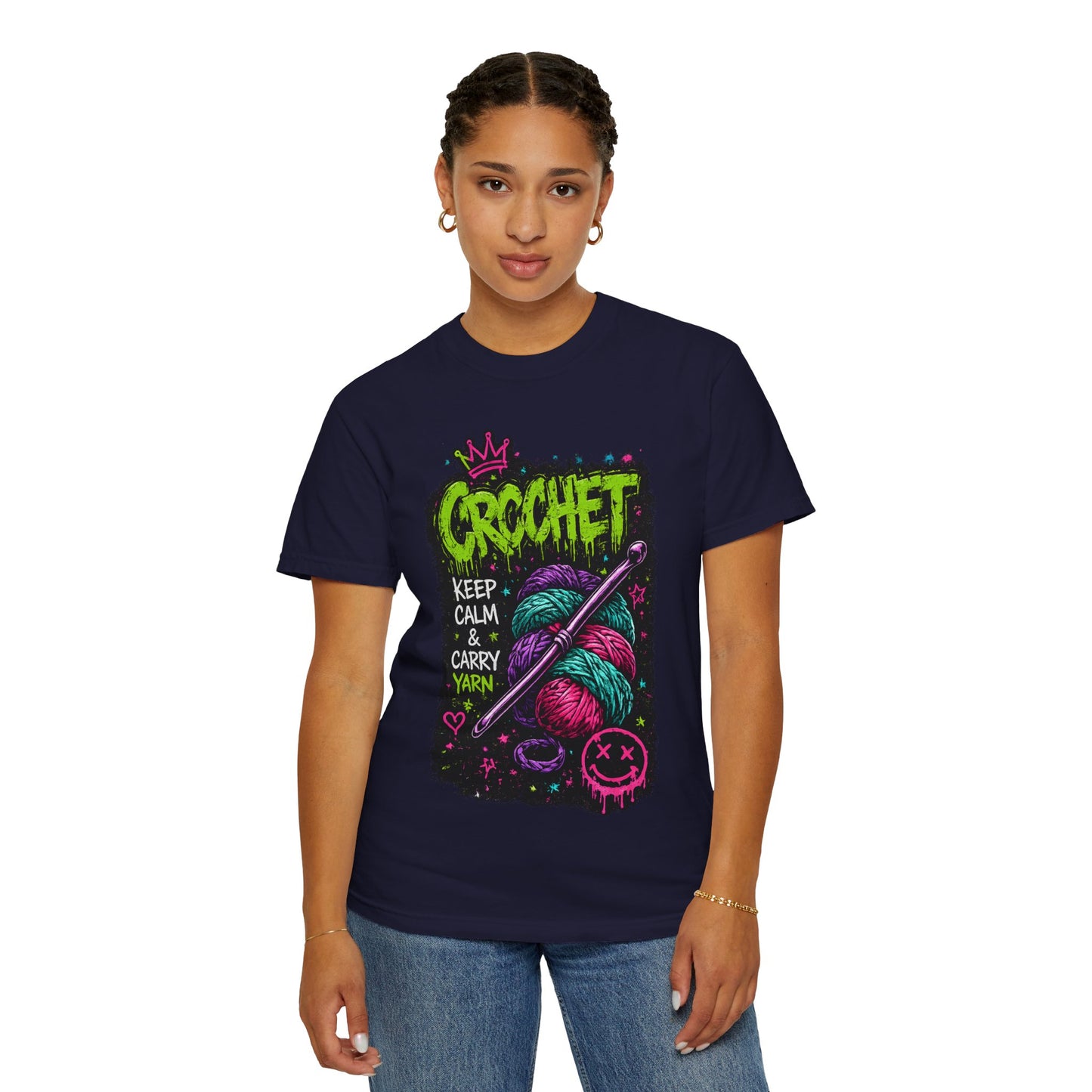 Crochet Keep Calm T-Shirt — Neon Yarn Graphic Tee for Crafters