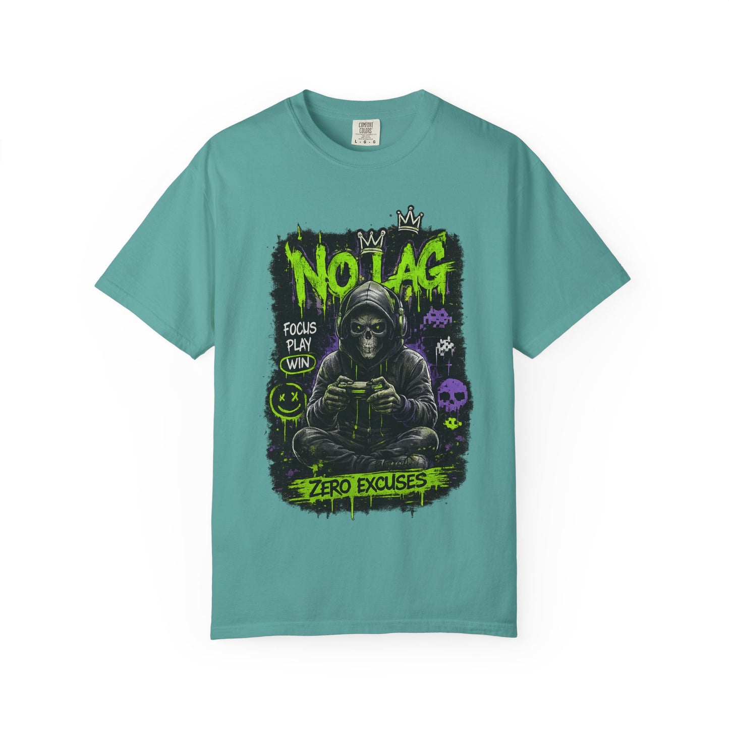No Lag Gamer T-Shirt — “Zero Excuses” Neon Skull Gaming Tee
