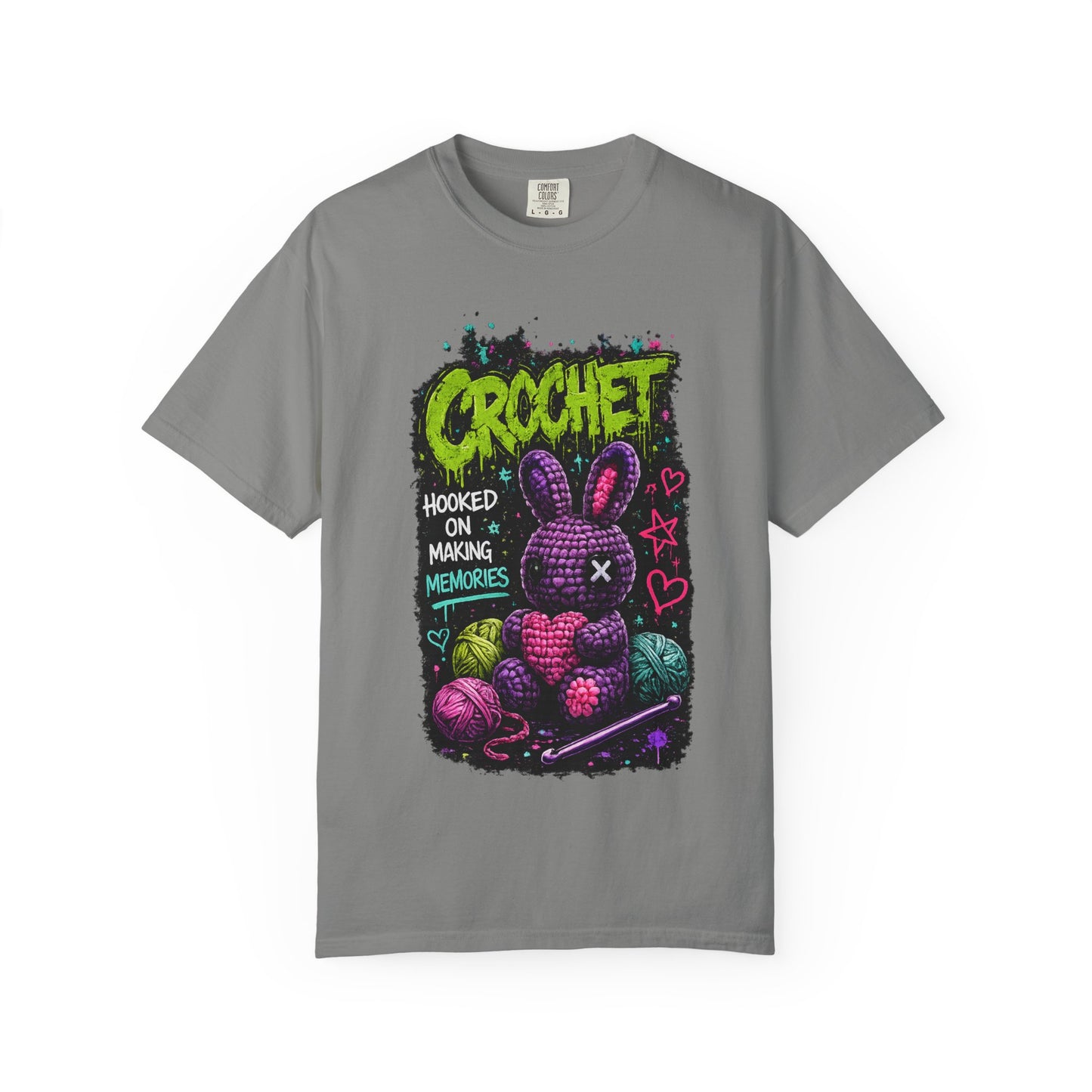Crochet Bunny Graphic T-Shirt — “Hooked on Making Memories”