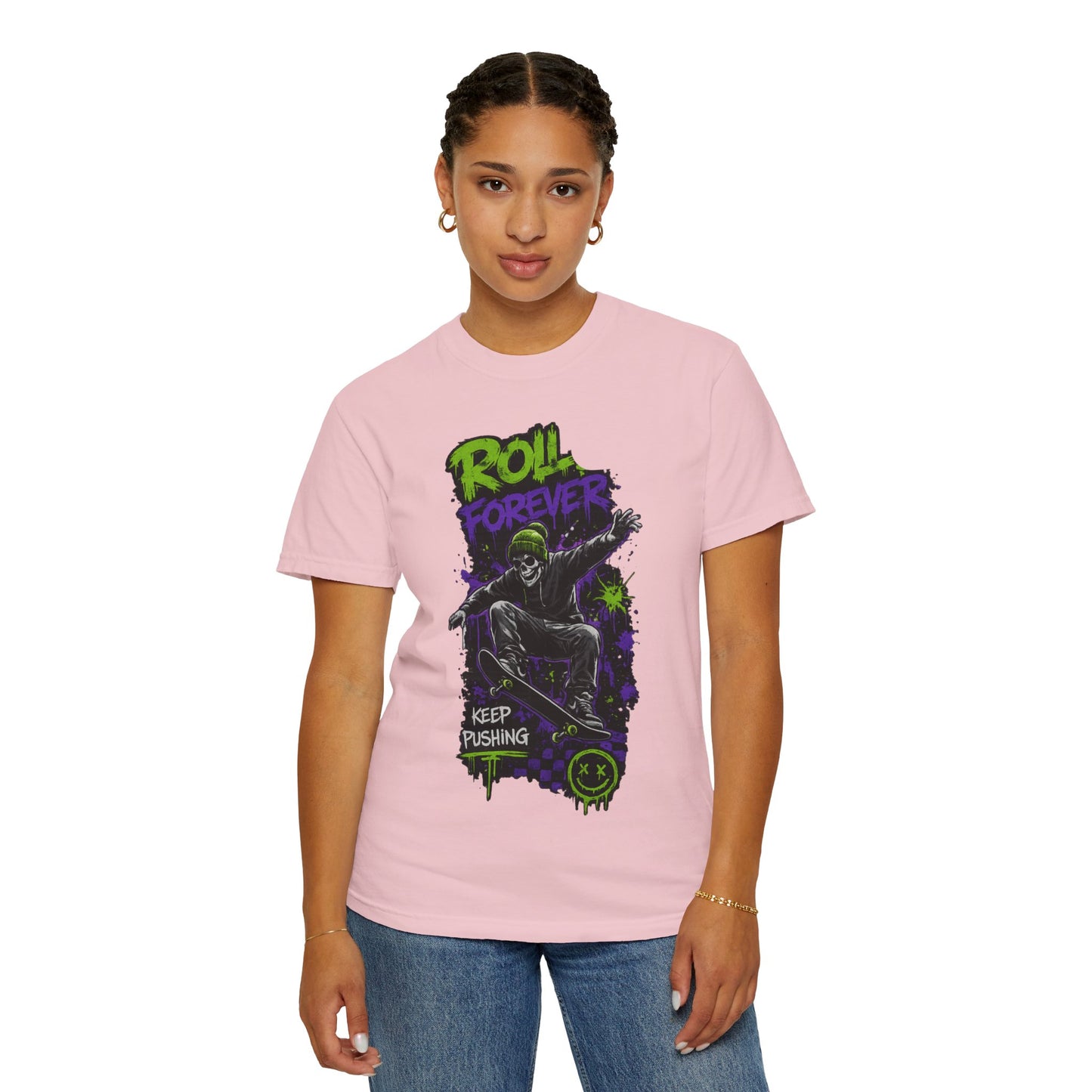 Skateboard T-Shirt — "Roll Forever / Keep Pushing" Graphic Tee