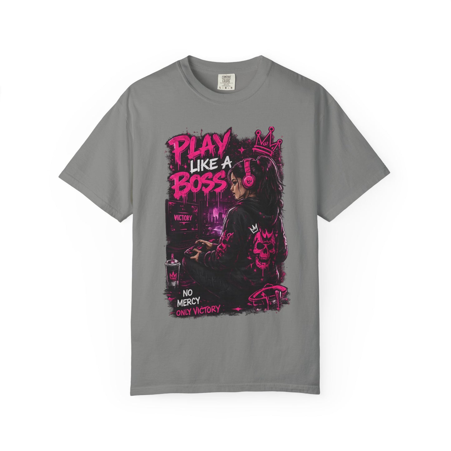 Play Like a Boss T-Shirt — Gamer Crown Graphic Tee ("No Mercy, Only Victory")
