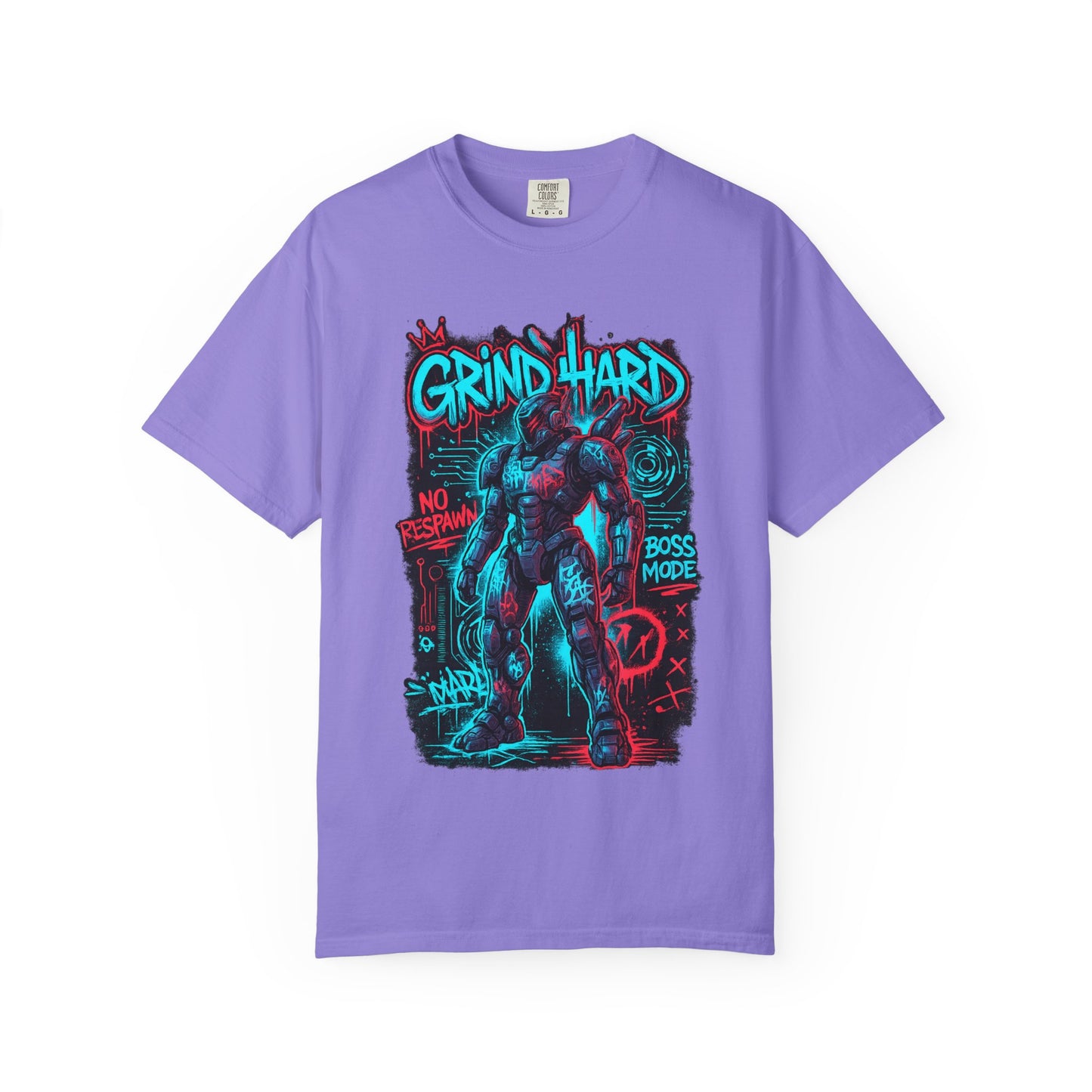 Grind Hard Gamer Warrior T-shirt | Neon Retro Gym Graphic