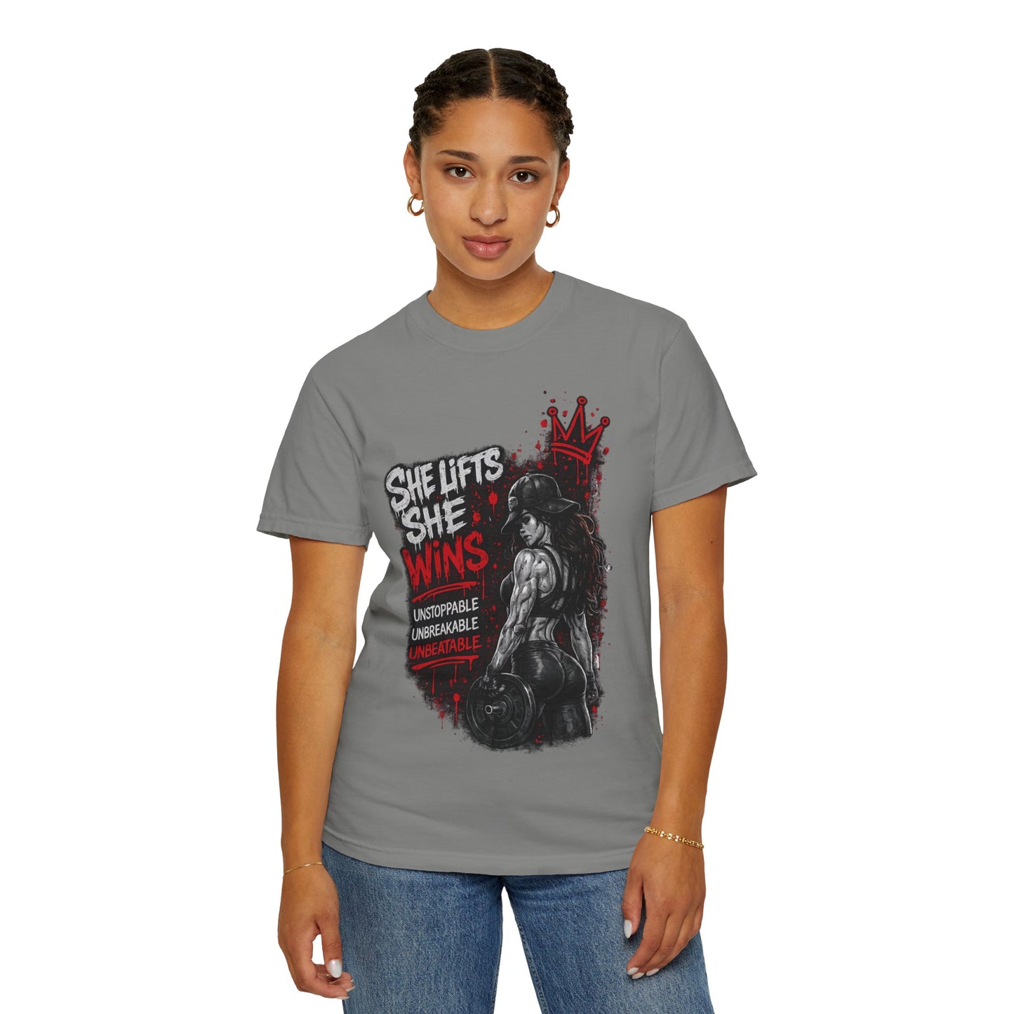 She Lifts She Wins T-Shirt — Women’s Strength Fitness Graphic Tee