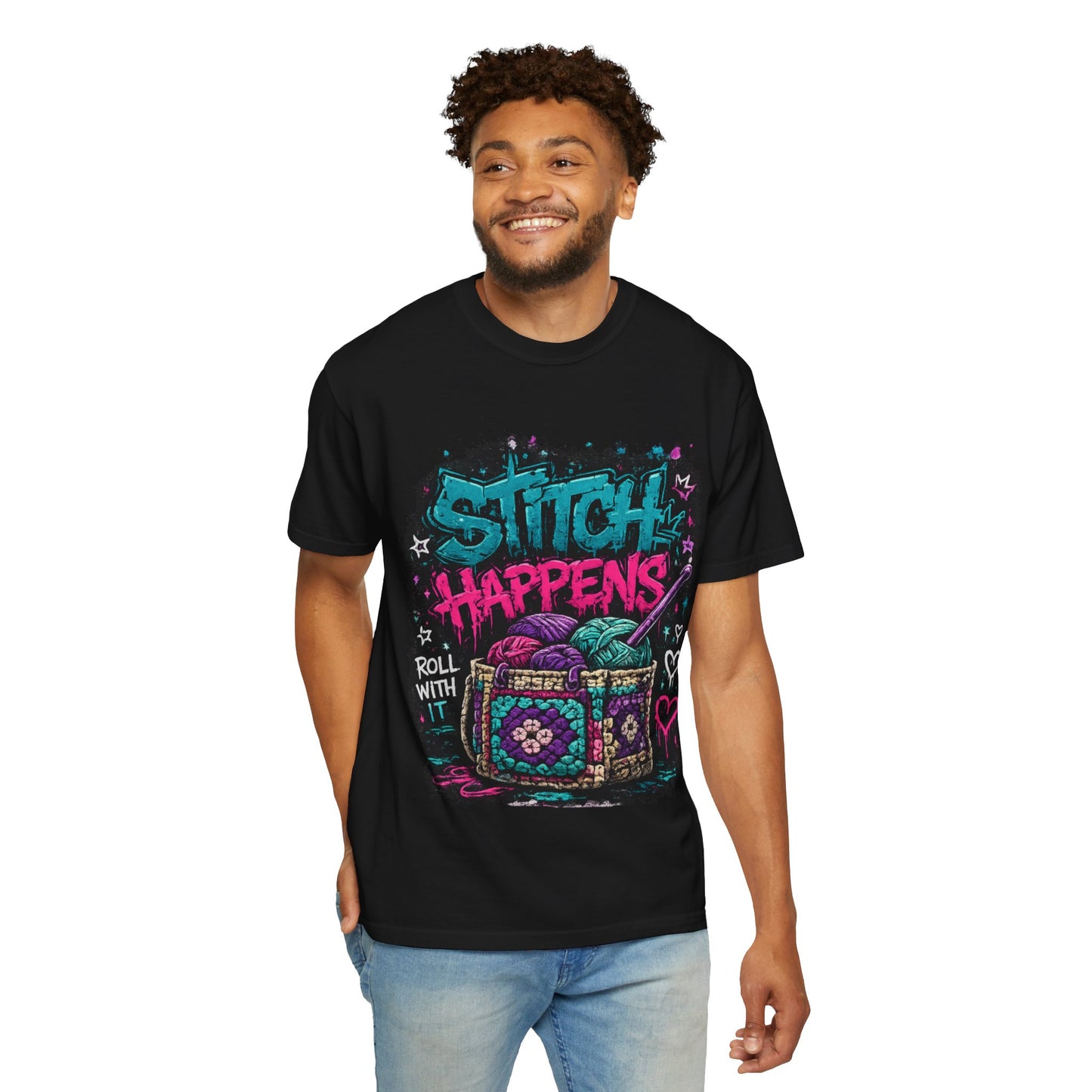 Stitch Happens T‑Shirt — Funny Knitting Crochet Tee (Roll With It)