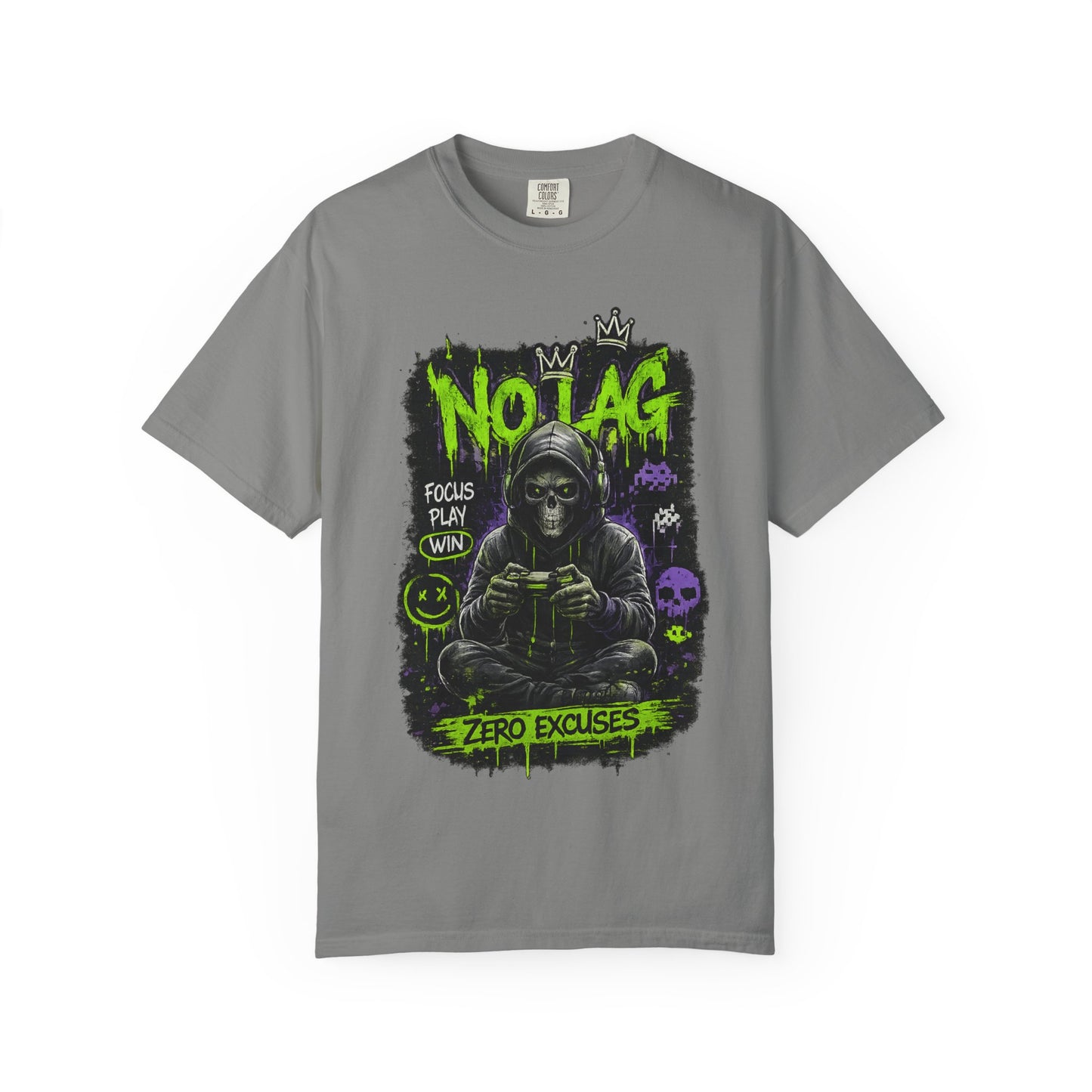 No Lag Gamer T-Shirt — “Zero Excuses” Neon Skull Gaming Tee