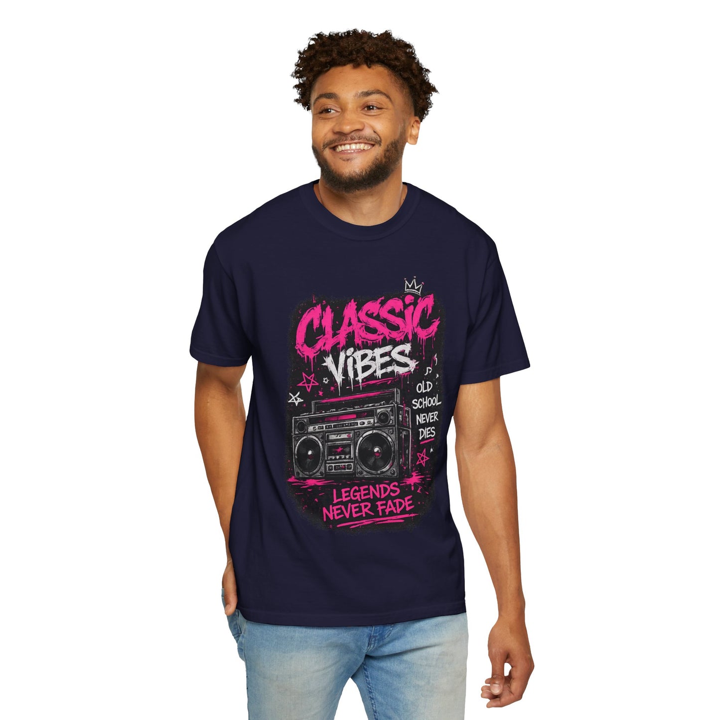 Classic Vibes T-Shirt — 'Legends Never Fade' Retro Boombox Graphic