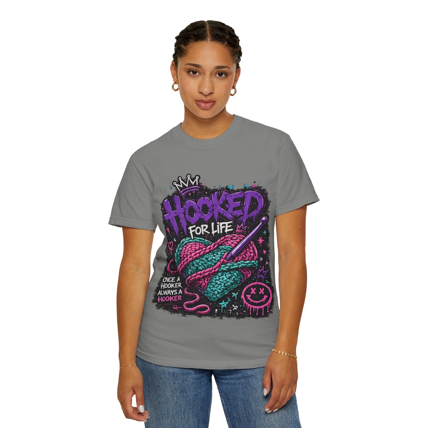 Hooked For Life Knitting T-Shirt — "Hooked for Life" Yarn & Crochet Graphic Tee