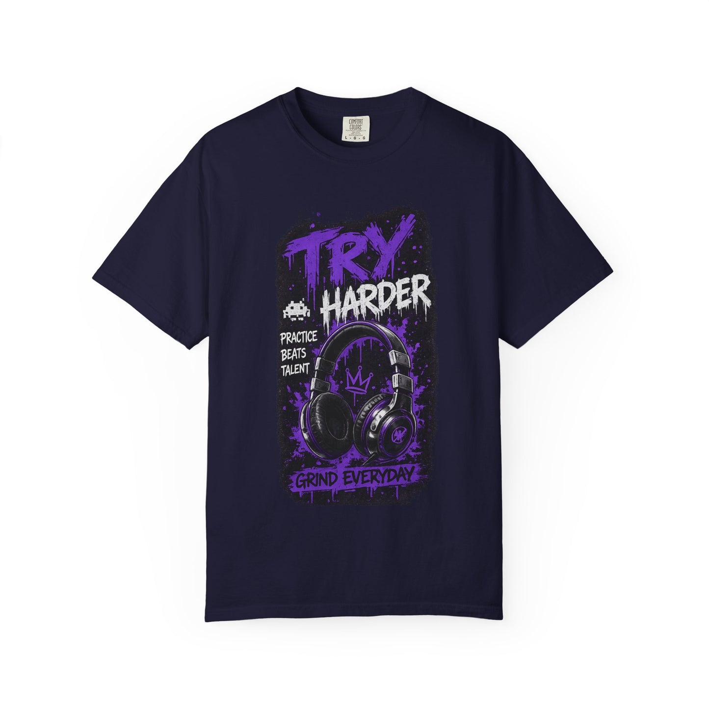 Try Harder Graphic T-Shirt — 'Try Harder' Headphones Motivational Tee