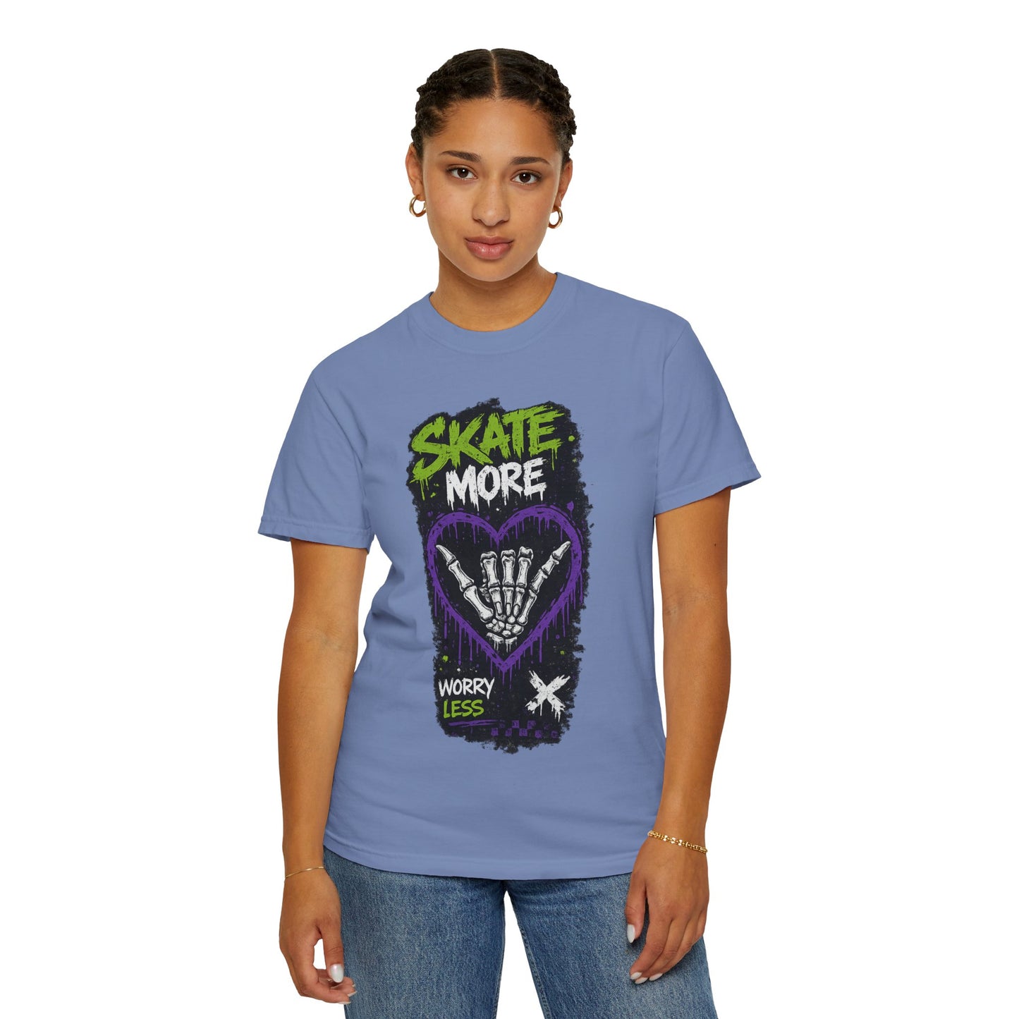 Skate More Worry Less T-Shirt — Skateboard Skeleton Hand Graphic Tee