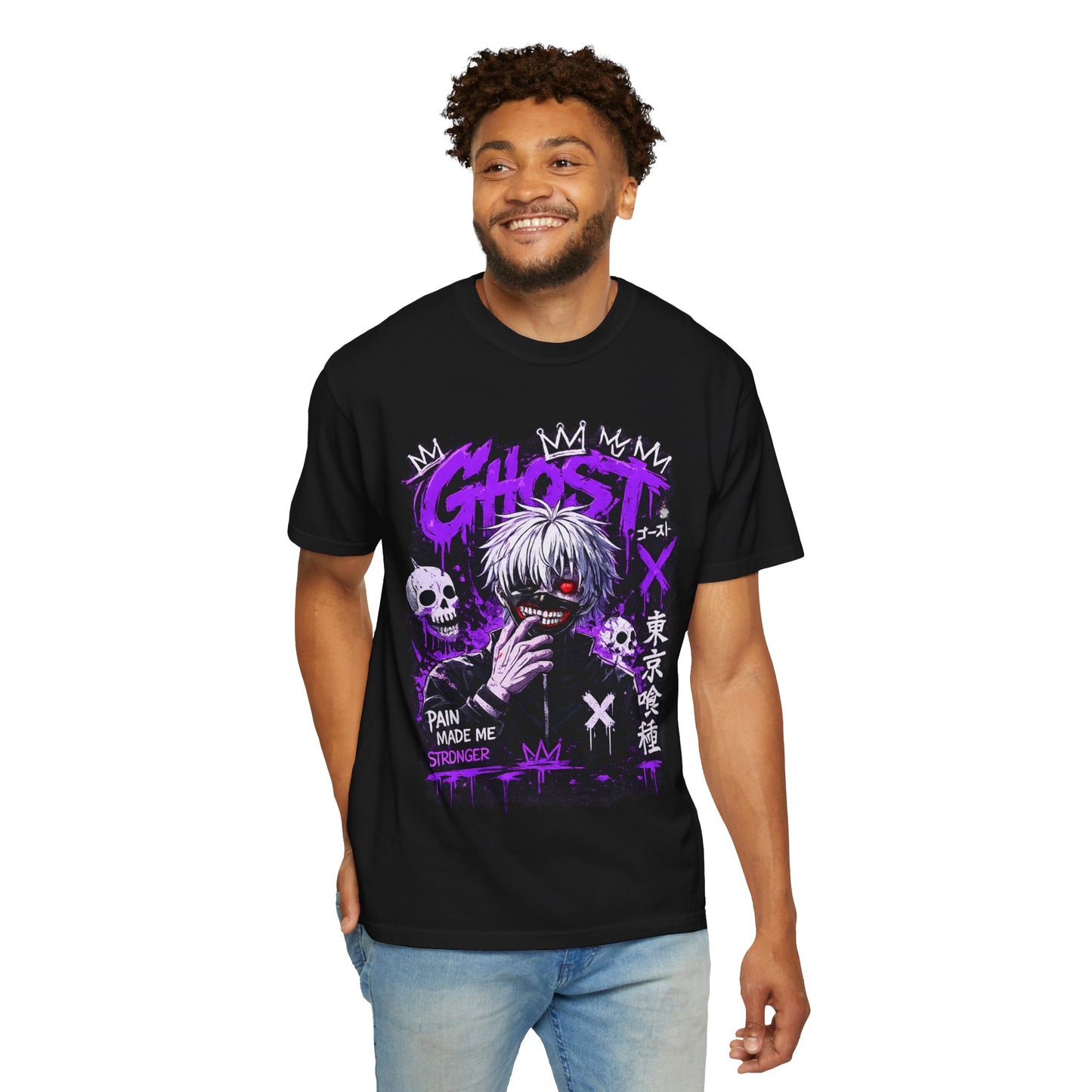 Ghost Anime T-Shirt — Tokyo Ghoul Style Graphic Tee ("Pain Made Me Stronger")