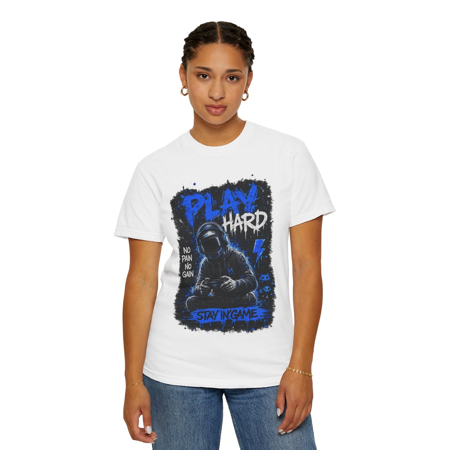 Play Hard Gamer Graphic T-Shirt — "No Pain No Gain" Hooded Player Design