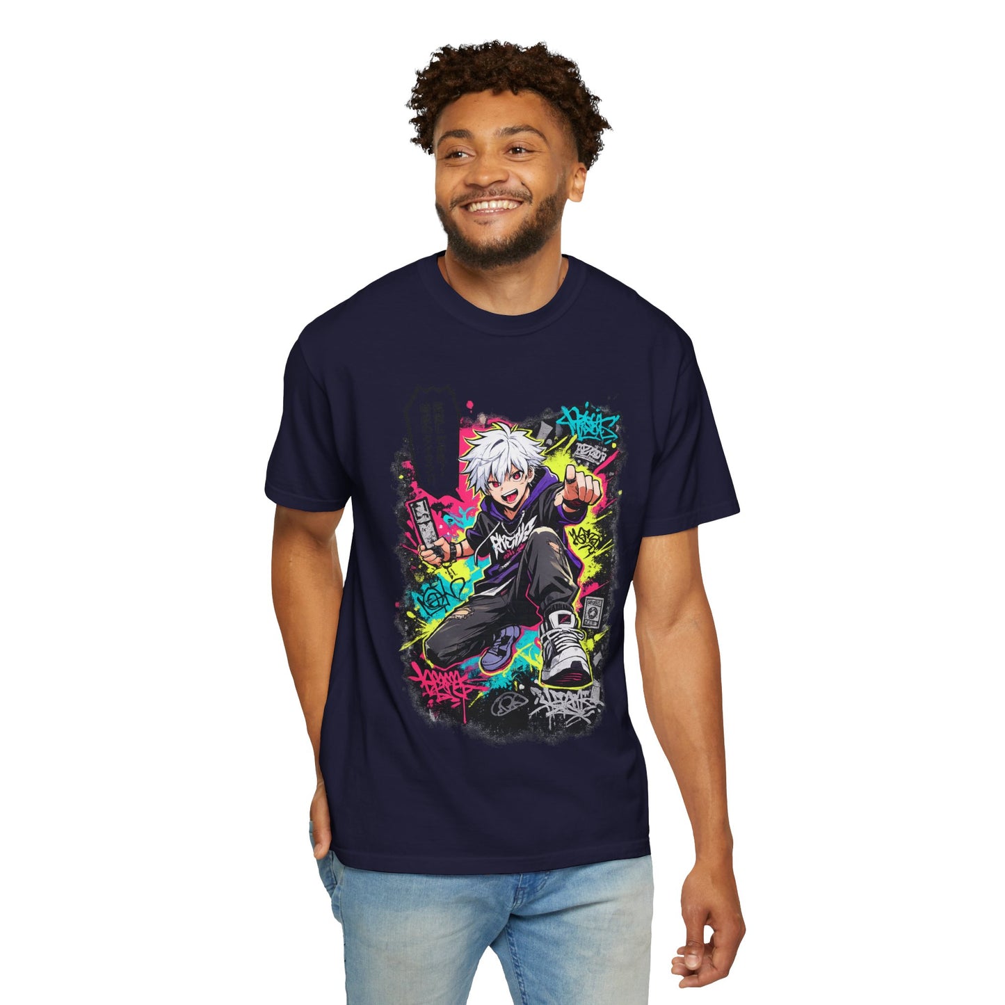 Anime Streetwear T-Shirt — Neon Urban Character Design with Japanese Text