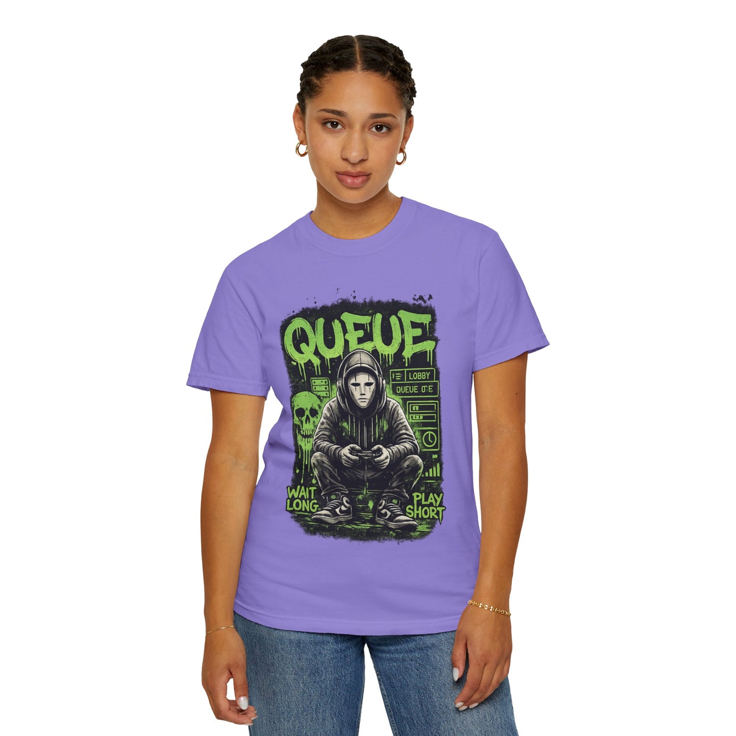 Queue Gamer Hoodie T-Shirt | Waiting Player Graphic Tee, Neon Green Skull Art