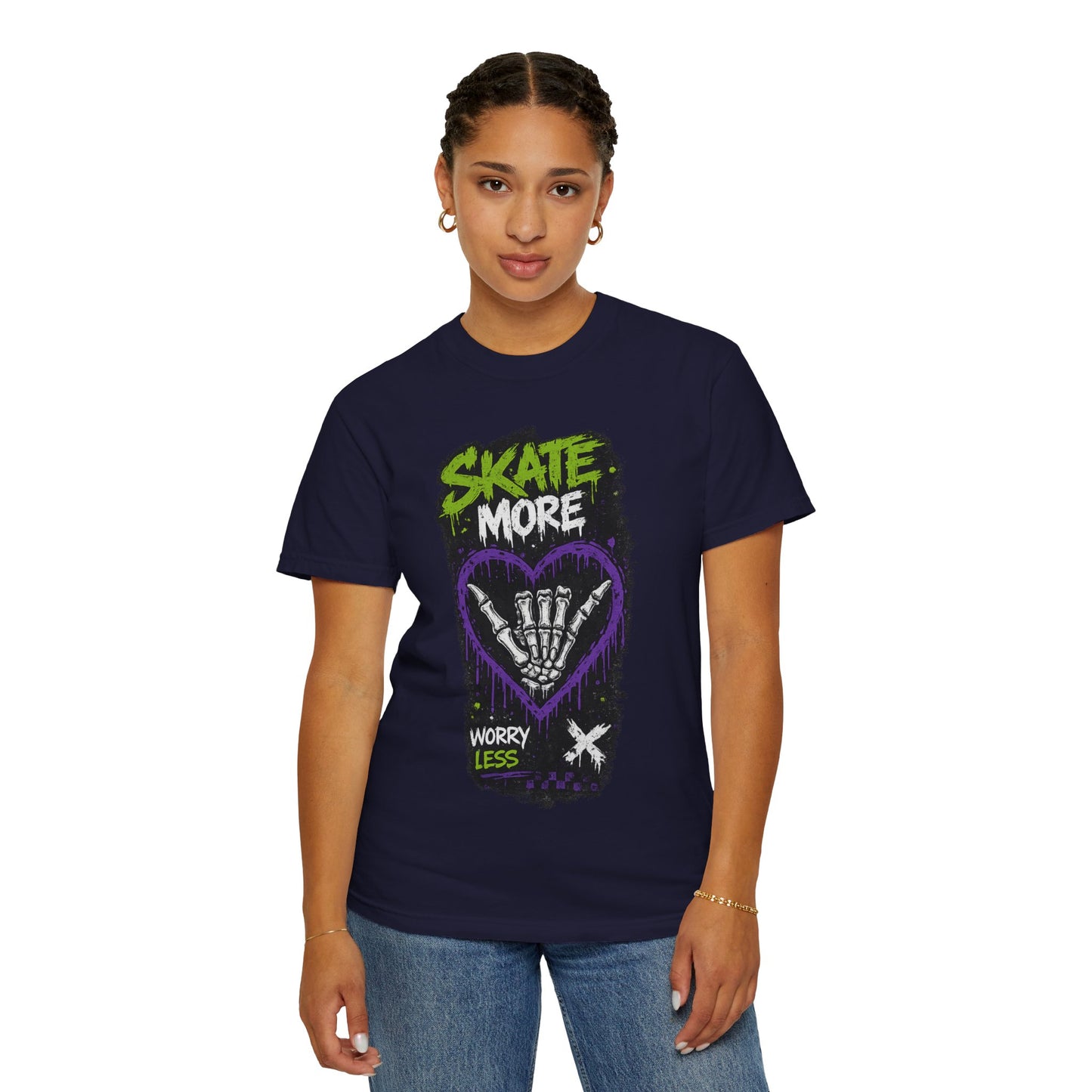 Skate More Worry Less T-Shirt — Skateboard Skeleton Hand Graphic Tee