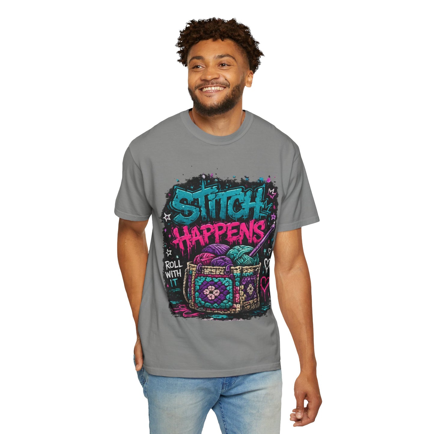 Stitch Happens T‑Shirt — Funny Knitting Crochet Tee (Roll With It)