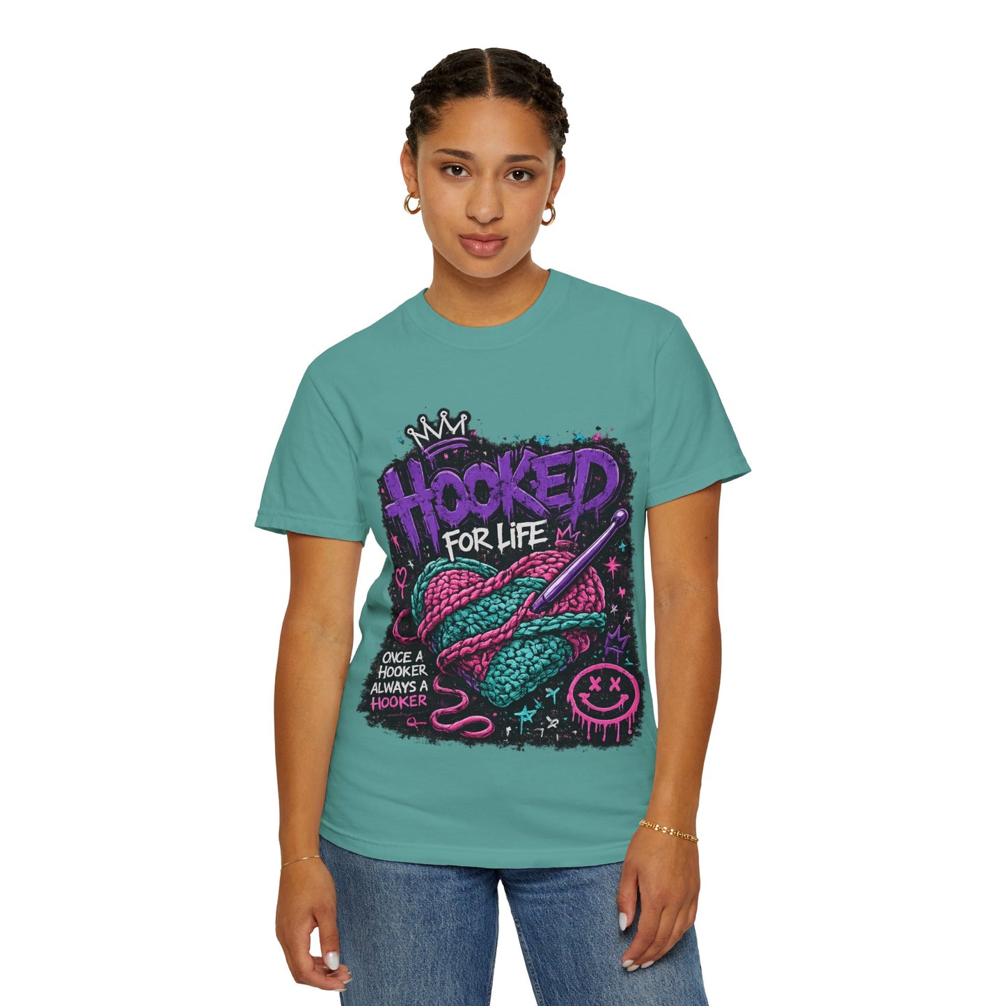 Hooked For Life Knitting T-Shirt — "Hooked for Life" Yarn & Crochet Graphic Tee