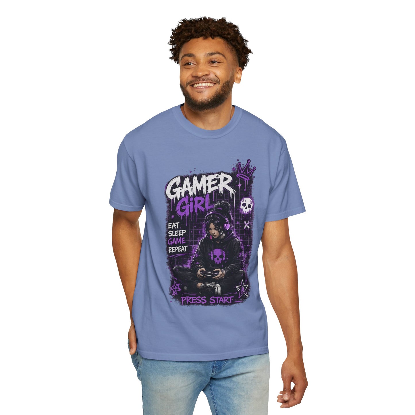 Gamer Girl T-Shirt — Retro Purple Gaming Graphic Tee ("Eat Sleep Game Repeat")