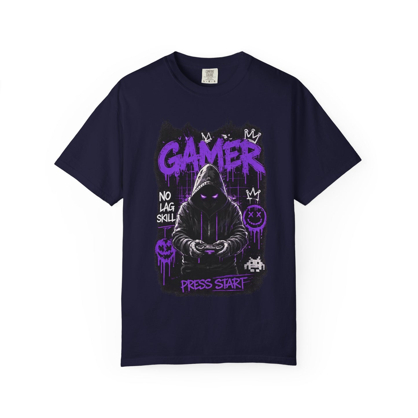 Gamer Hoodie Skull T‑Shirt — 'GAMER' Purple Graphic Press Start Tee