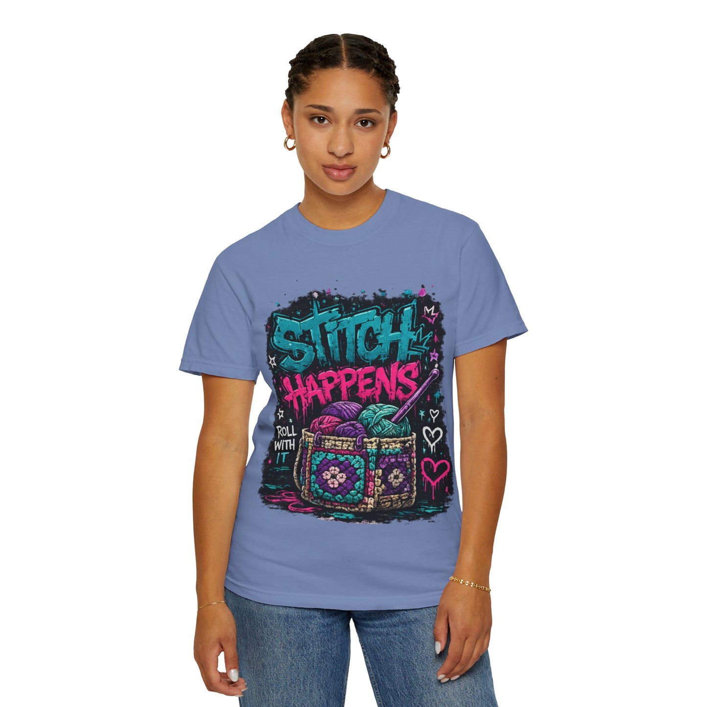 Stitch Happens T‑Shirt — Funny Knitting Crochet Tee (Roll With It)