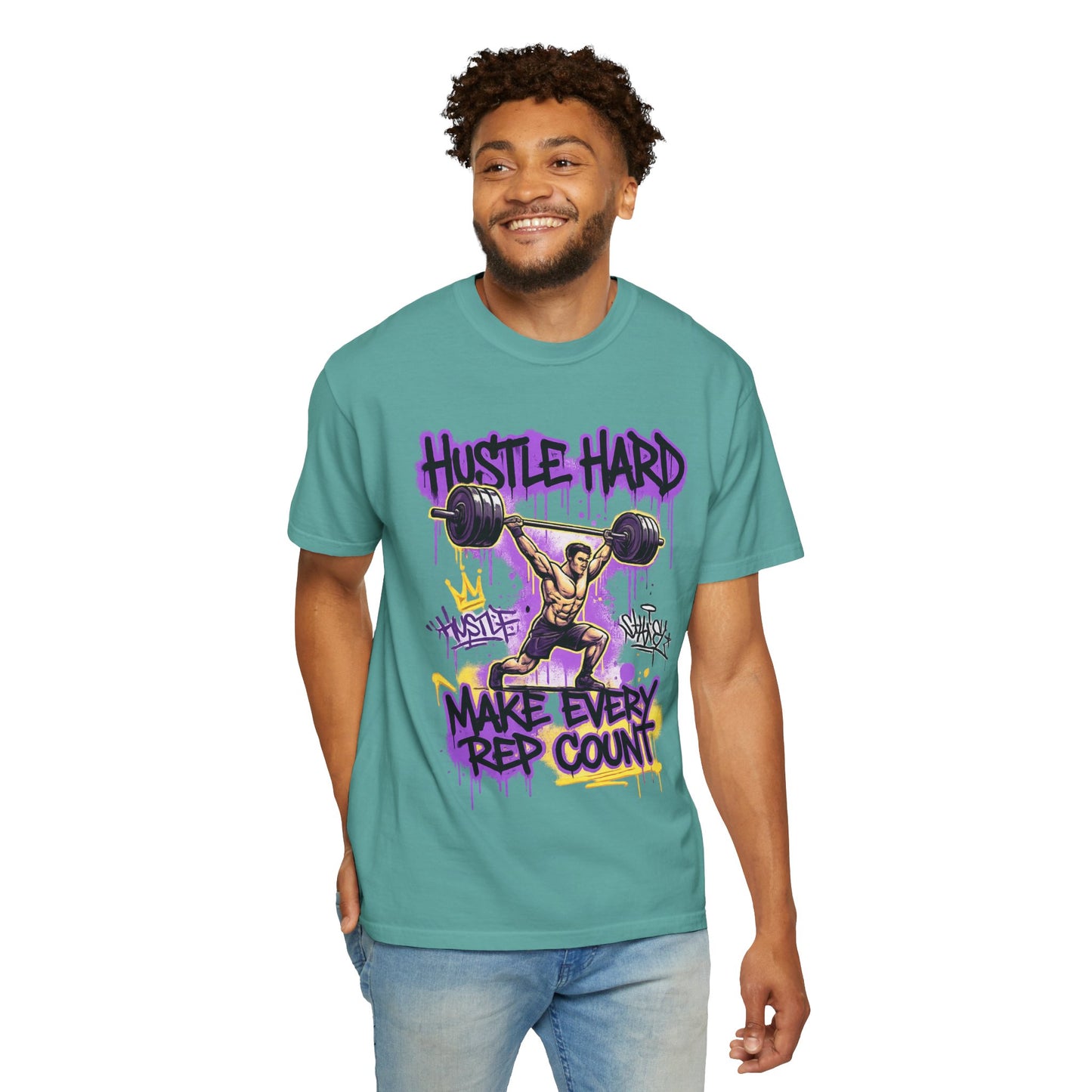 Hustle Hard Make Every Rep Count T-Shirt | Weightlifting Gym Graphic