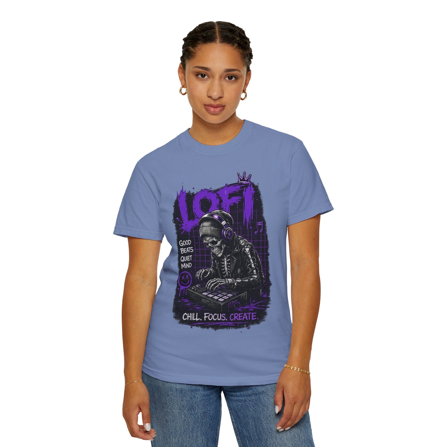 LoFi Skull DJ T-Shirt — "Chill. Focus. Create." Music Graphic Tee for Creators