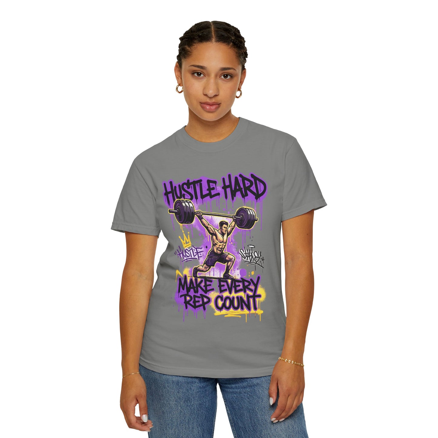 Hustle Hard Make Every Rep Count T-Shirt | Weightlifting Gym Graphic
