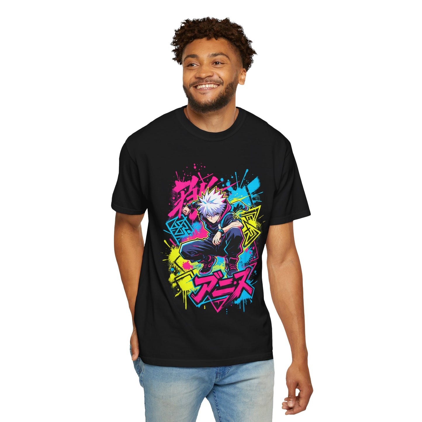 Anime Graphic T-Shirt — Vibrant Neon Jujutsu Kaisen Style Design