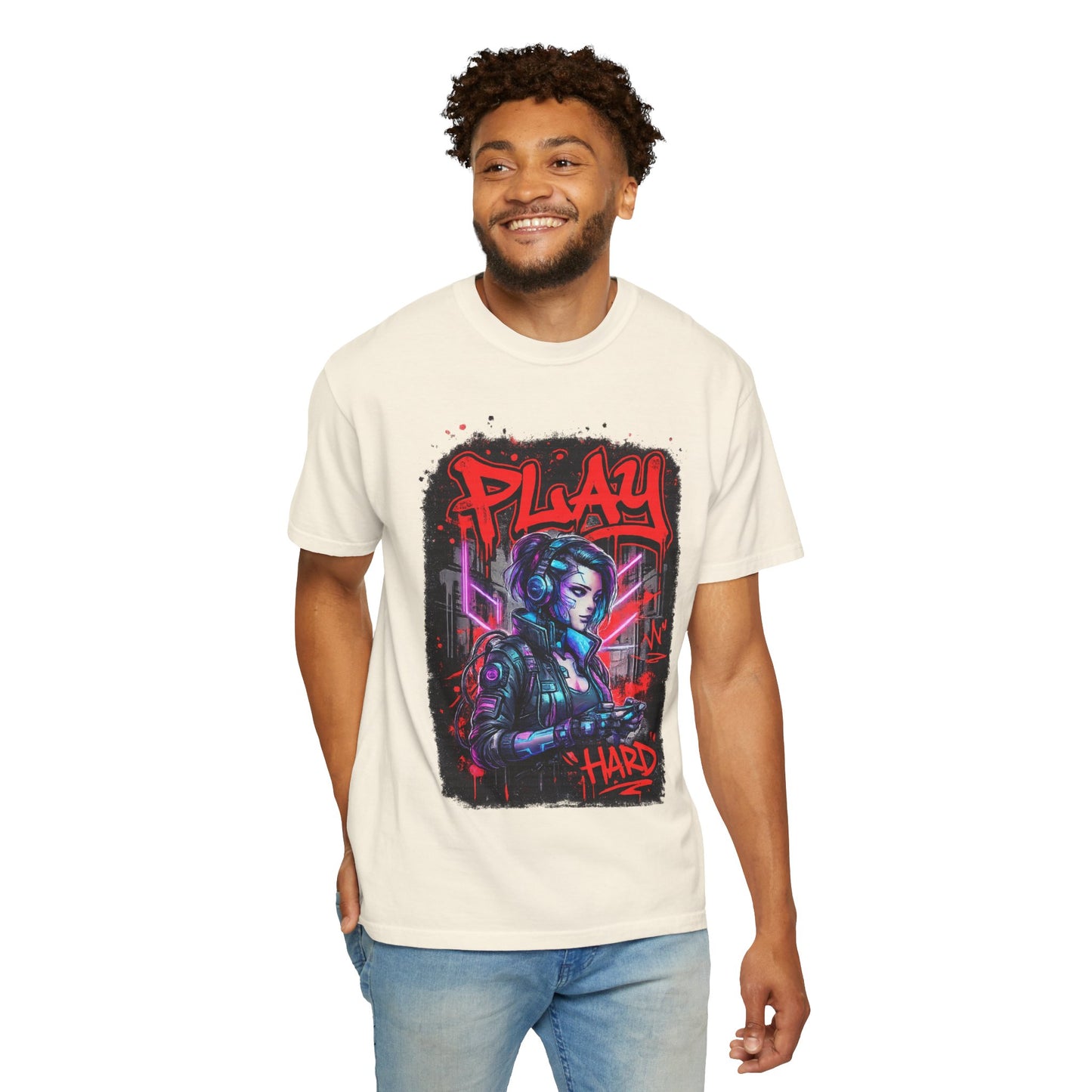 Play Hard Gamer T-Shirt — Neon Cyberpunk Video Game Tee