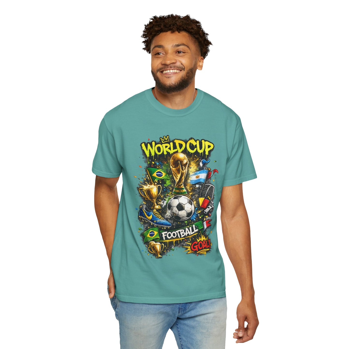 World Cup Football Graphic T-shirt | Soccer Trophy, Flags, Goal