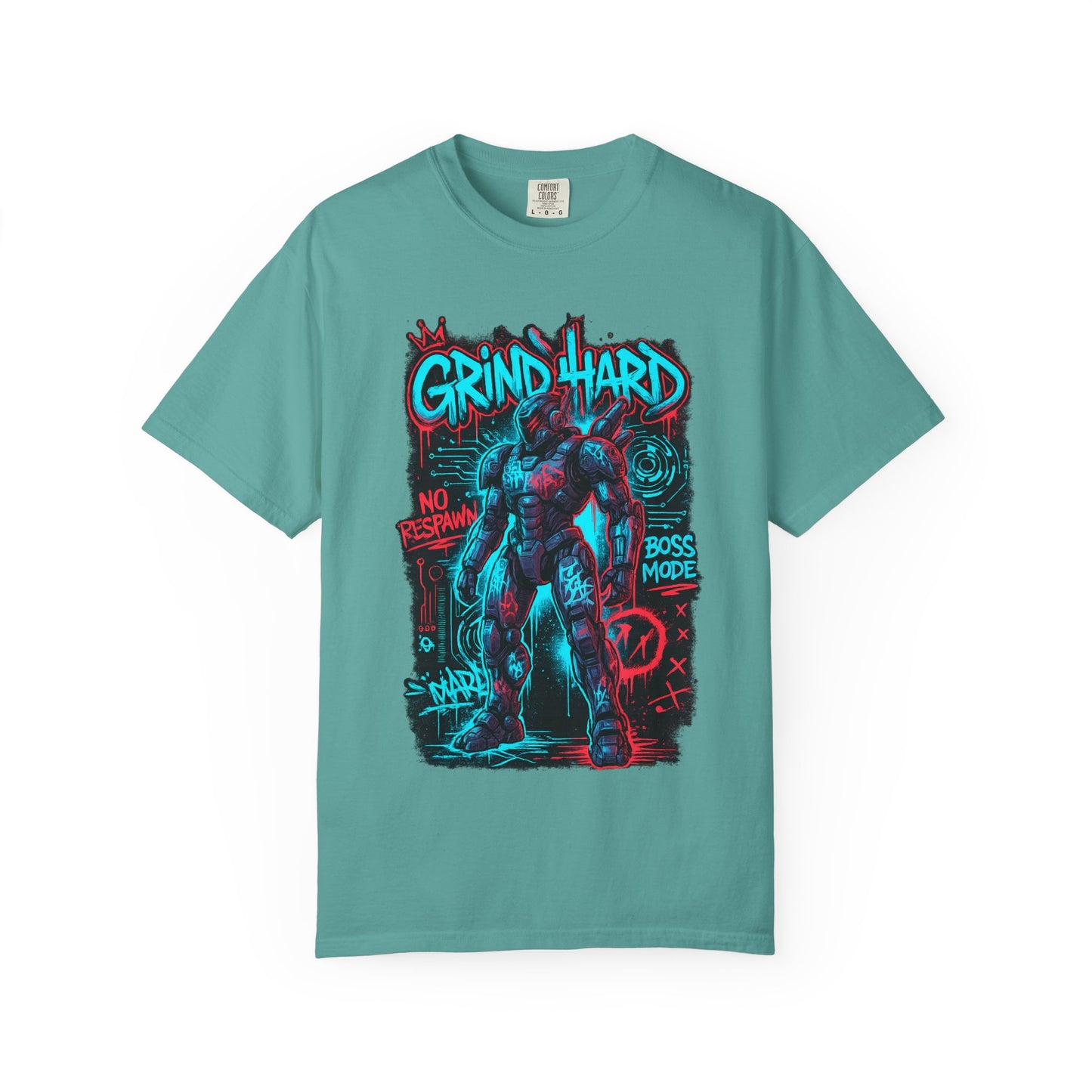 Grind Hard Gamer Warrior T-shirt | Neon Retro Gym Graphic