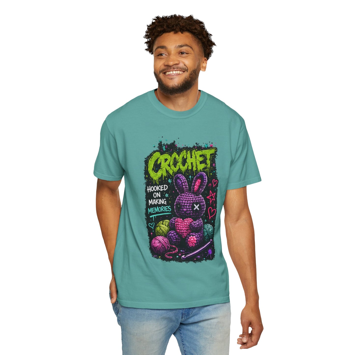 Crochet Bunny Graphic T-Shirt — “Hooked on Making Memories”
