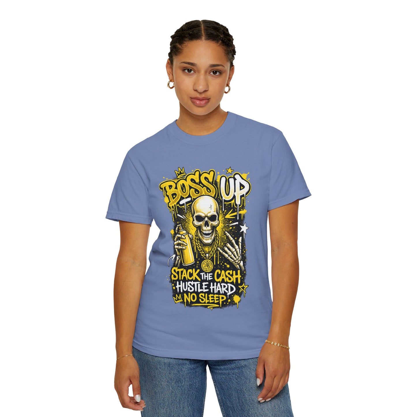 Boss Up Skull Hustle T-Shirt — "Stack the Cash, Hustle Hard, No Sleep" Graphic Tee