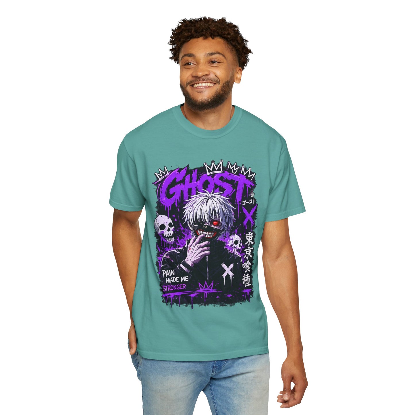 Ghost Anime T-Shirt — Tokyo Ghoul Style Graphic Tee ("Pain Made Me Stronger")