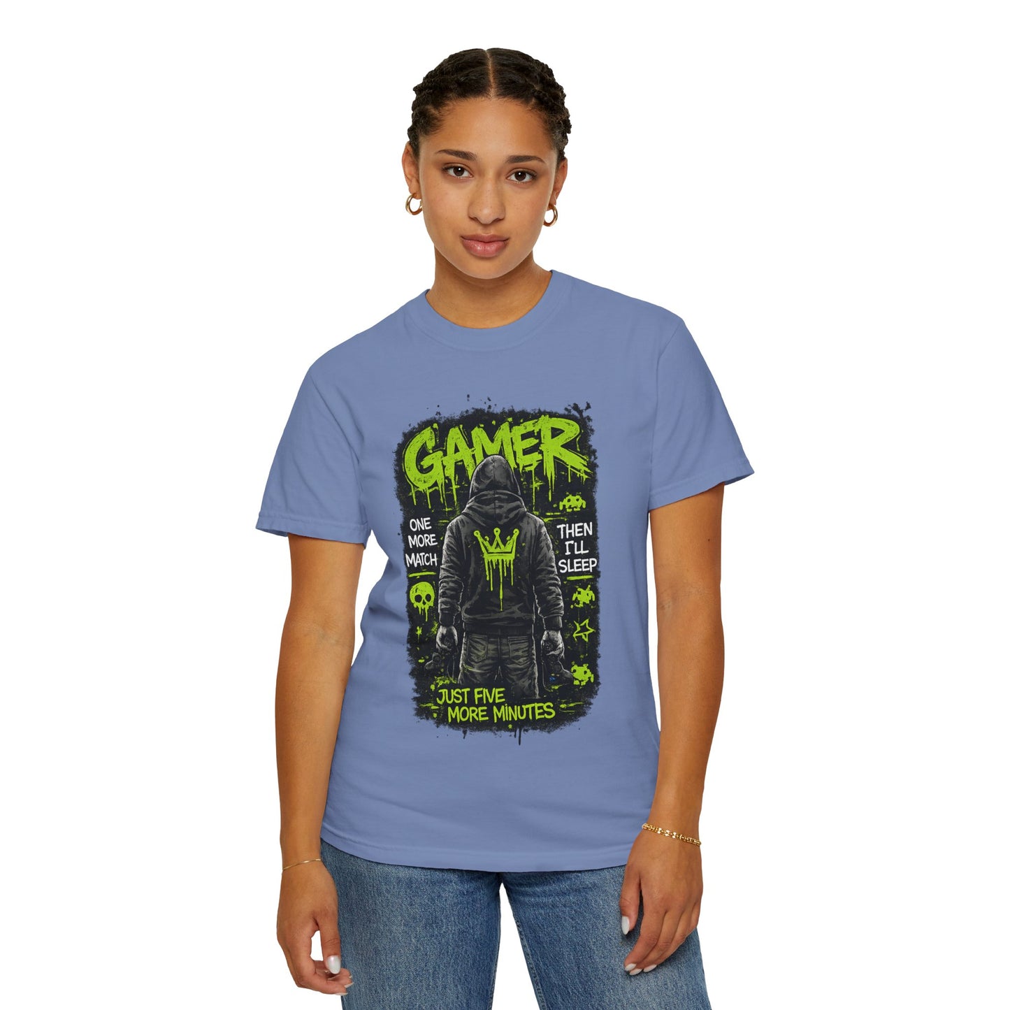 Gamer Hoodie-Style Graphic T-Shirt | Neon Green Skull, 'Just Five More Minutes'