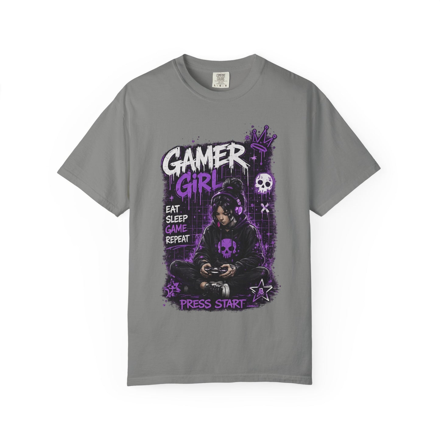 Gamer Girl T-Shirt — Retro Purple Gaming Graphic Tee ("Eat Sleep Game Repeat")