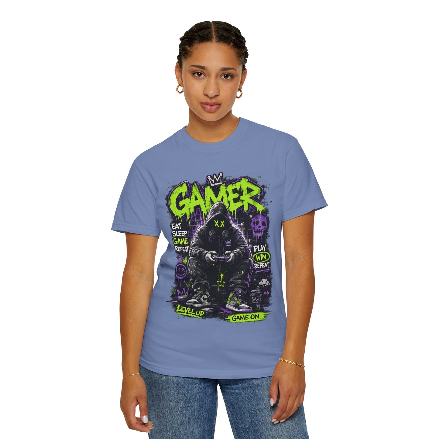 Gamer Hooded Figure Graphic T-Shirt | Neon Green Purple Streetwear