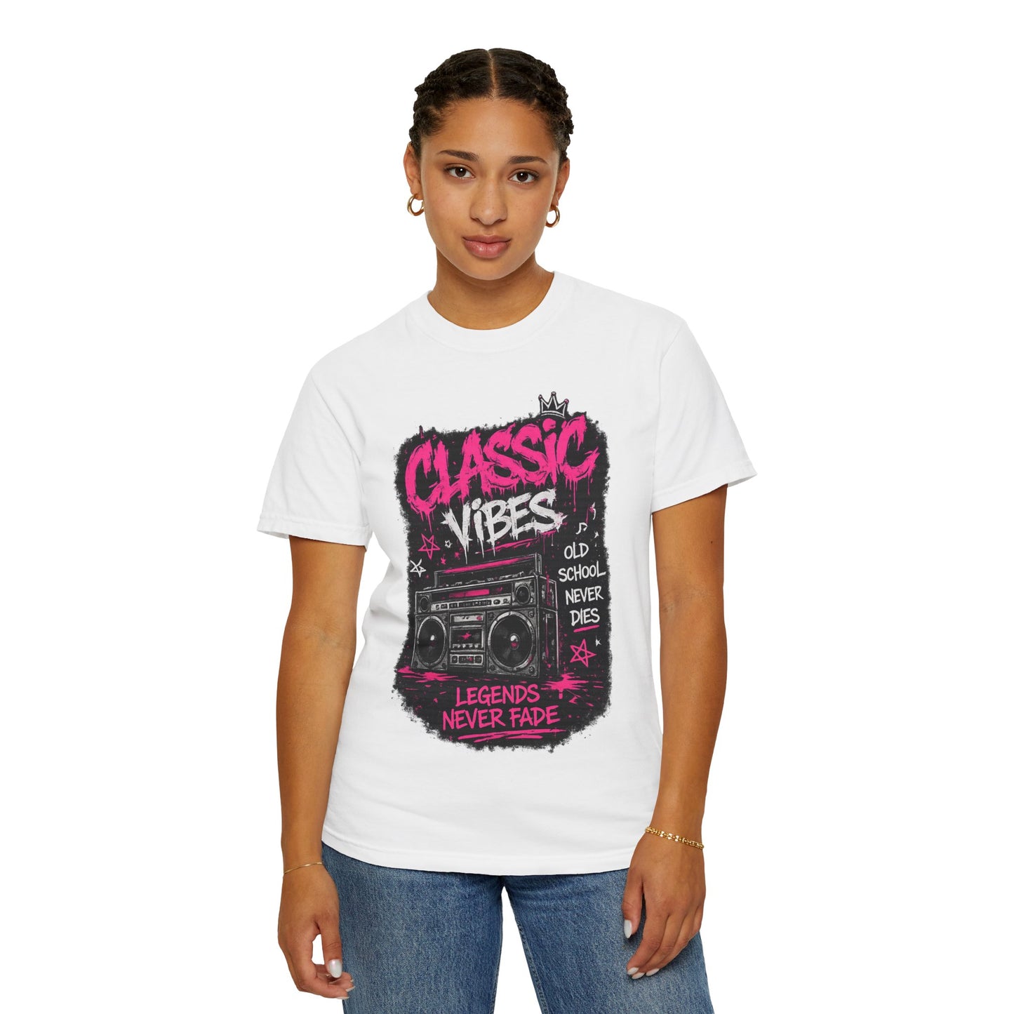 Classic Vibes T-Shirt — 'Legends Never Fade' Retro Boombox Graphic