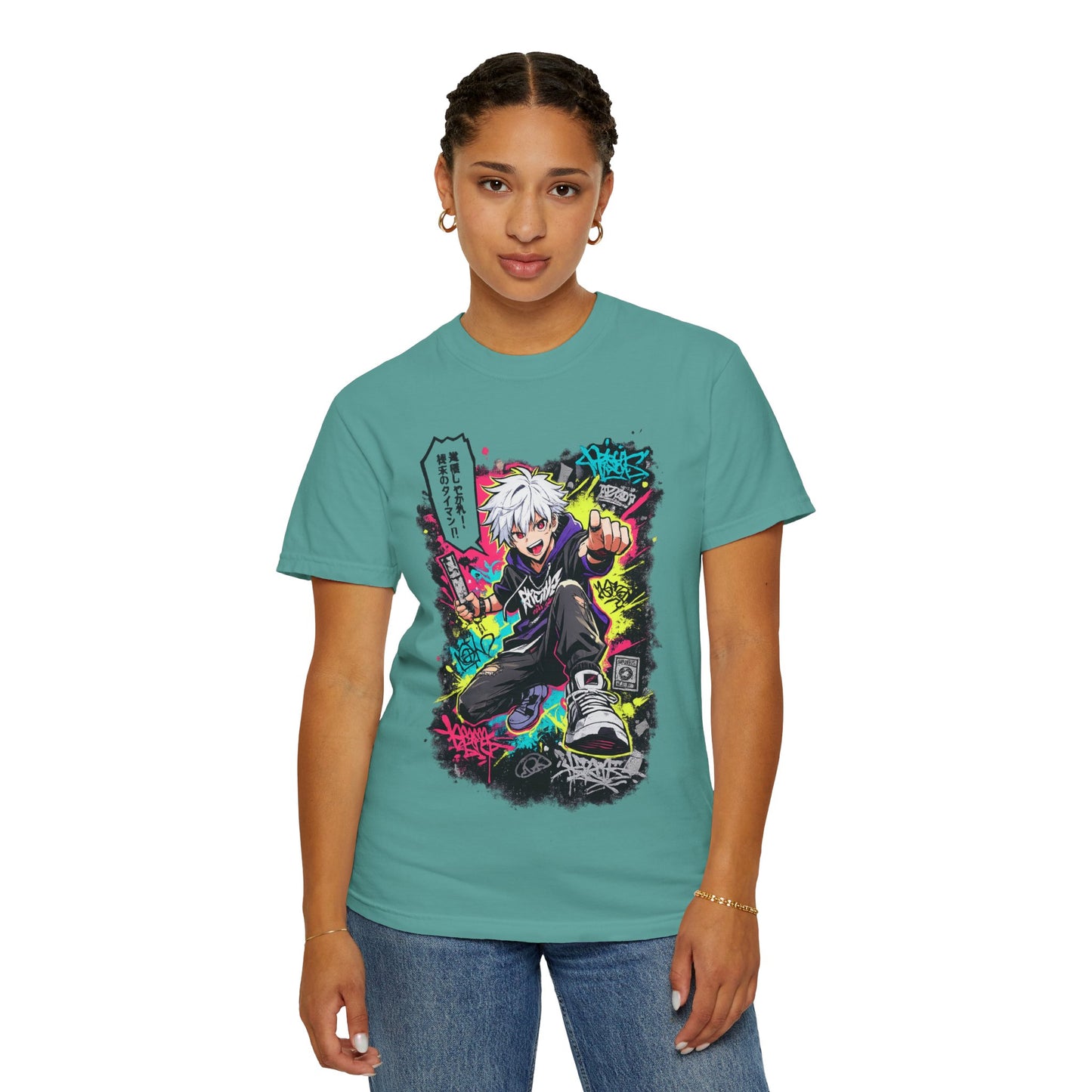 Anime Streetwear T-Shirt — Neon Urban Character Design with Japanese Text